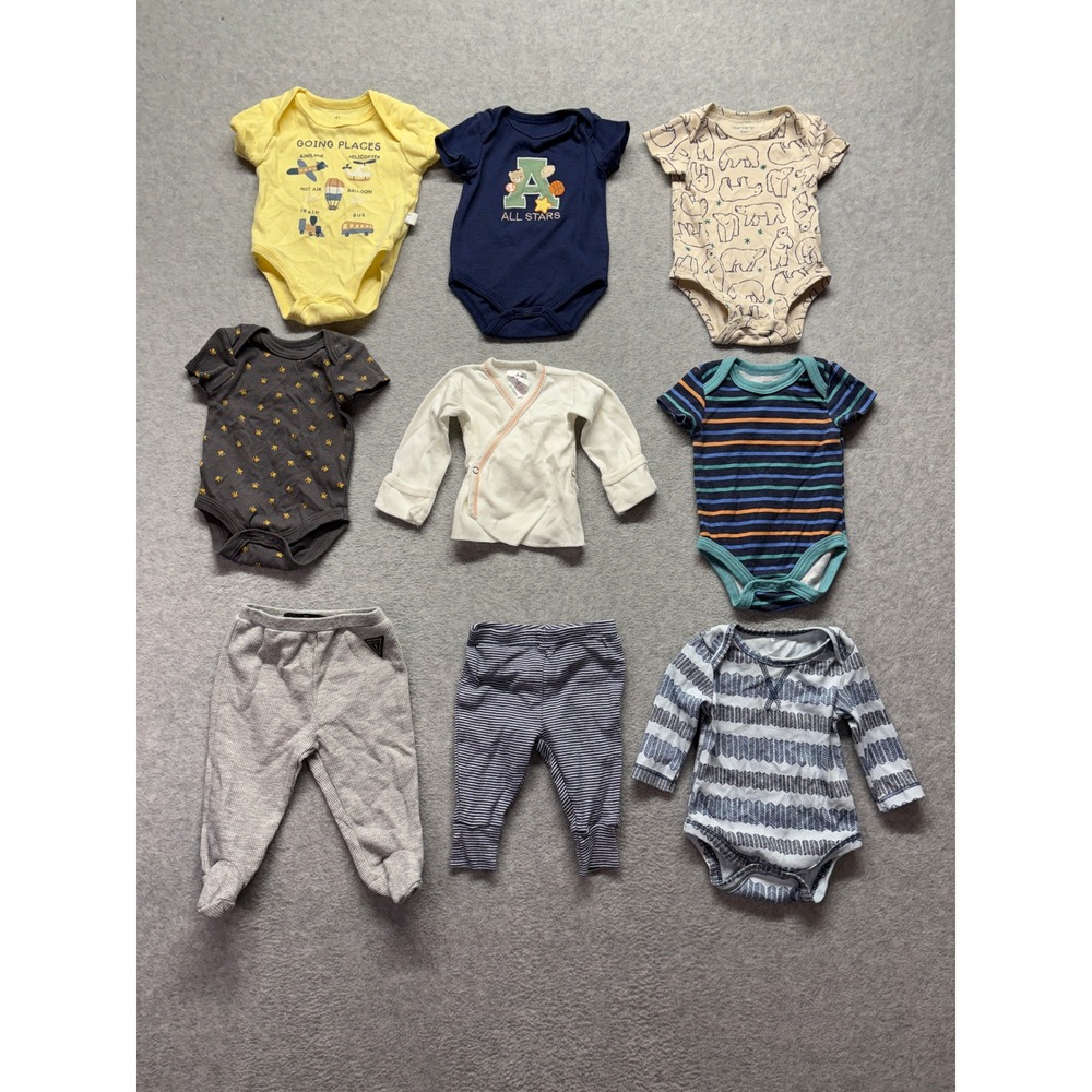 Baby Boy Clothing Lot 9pc Guess Carters Mini B 0-3M Bodysuits Pants Set